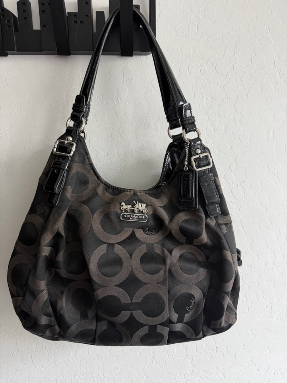 Coach Black Leather Patch with Deep Pink Satin Lining